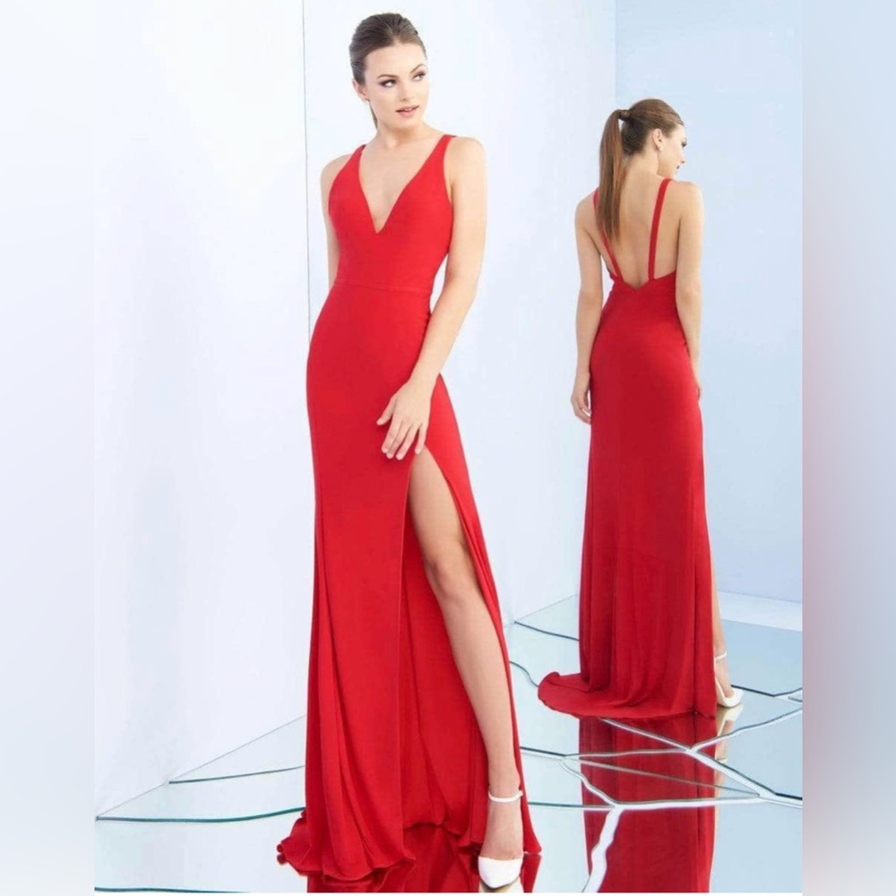 IEENA For Mac Duggal Deep V-Neck Slit Jersey Gown 25846I Red Womens Size 2
